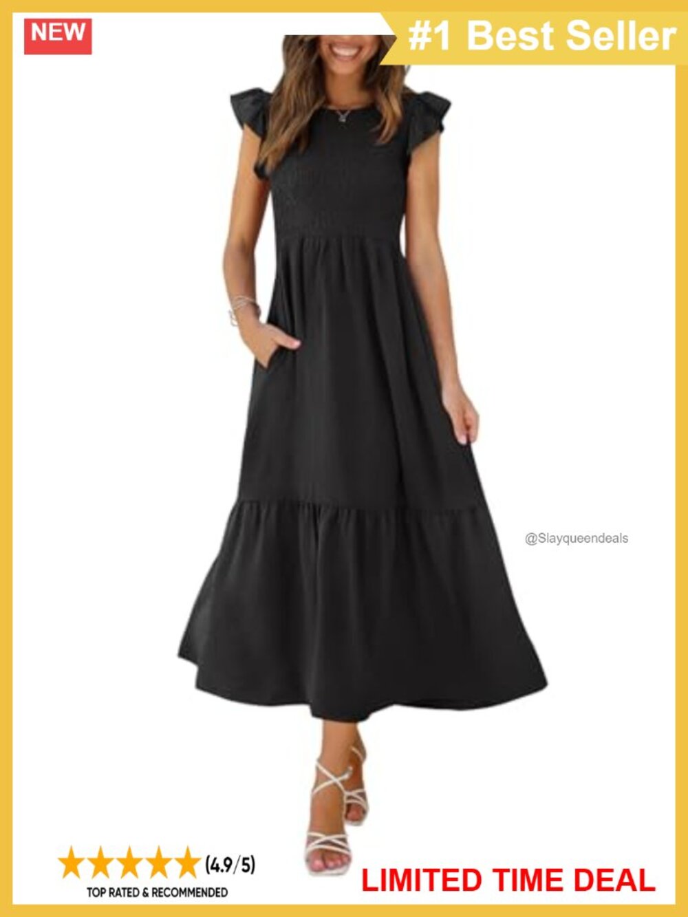 Women's Smocked Maxi Dress Ruffle Flutter Sleeve Pockets Casual Tiered